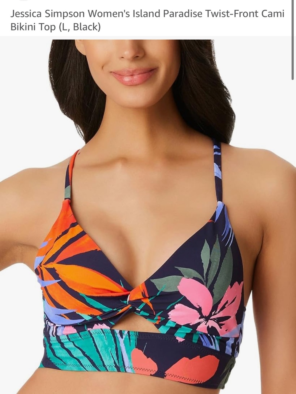 Jessica Simpson Tropical Twist-Front Bikini Cami Top - Black Floral